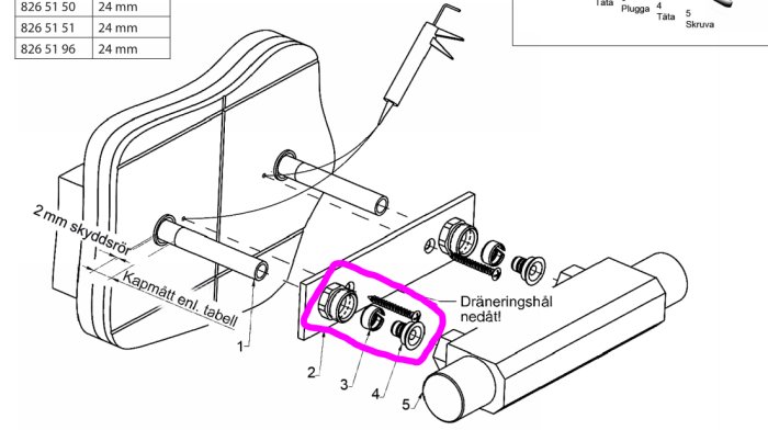 Explosionsritning av blandarfäste med markerade klämringar i mässing från Trio.