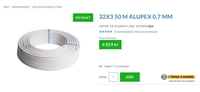 En rulle med 50 meter 32x3mm Alupex-rör med pris och produktinformation.