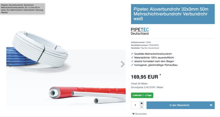 Rulle med vit Alupex-rör på 50m och rött Alupex-rör, storlek 32x3mm, med tysk produktinformation.
