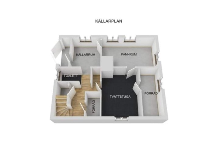 3D-planritning av ett källarplan med rumsetiketter som källarrum, tvättstuga, pannrum och förvaring.