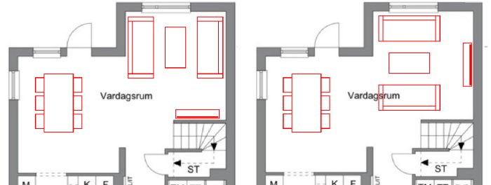 Planritning med två arrangemang av möbler i ett vardagsrum, markerade med röda konturer.