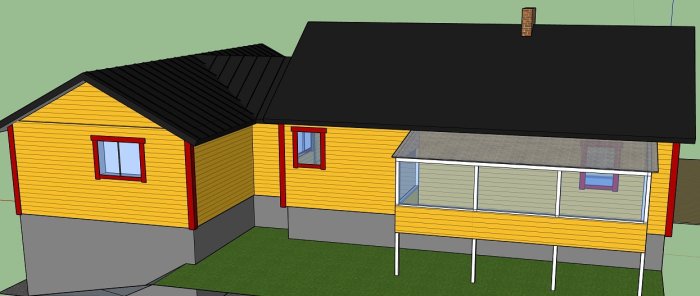 3D-rendering av gul husutbyggnad med svart tak och glasveranda.