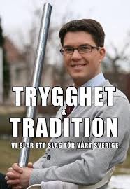 Person som håller i en basebollträ med texten "Trygghet & Tradition, vi slår ett slag för vårt Sverige".