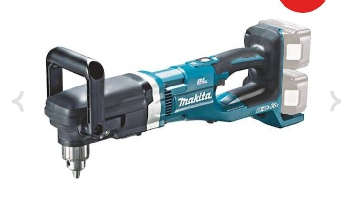 En Makita trådlös vinkelborrmaskin på vit bakgrund, möjlig för användning med 50mm träborr.