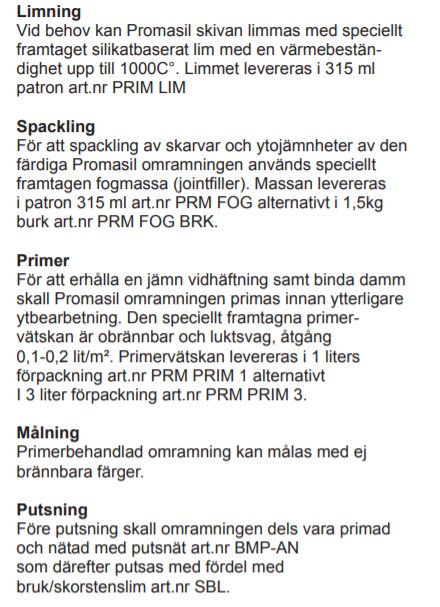 Instruktionsblad med riktlinjer för limning, spackling, primning, målning och putsning i byggprojekt.