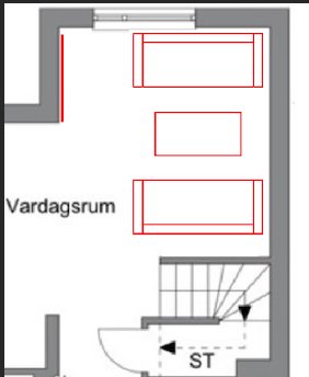 Planritning av vardagsrum med markerade möbler och position för vridbart TV-fäste vid köksvägg.