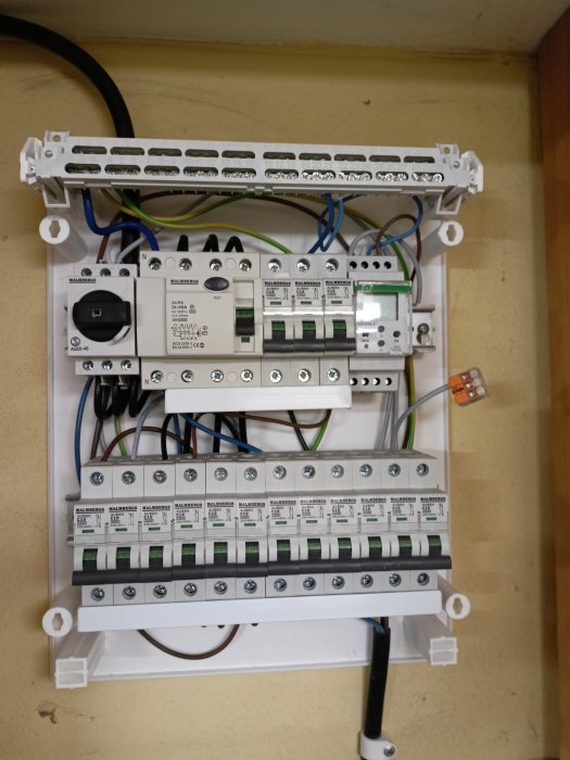 Elcentral med säkringar och inkopplade kablar på monteringsskenor.
