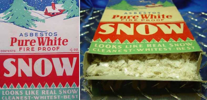 En gammal produktförpackning för "Pure White Asbestos Snow", en asbestbaserad juldekoration.