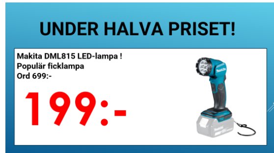 Makita DML815 LED-ficklampa på reklambild med texten "UNDER HALVA PRISET!" och nedsatt pris 199 kronor.