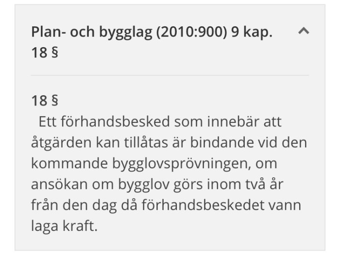 Skärmdump av en del av en lagtext ur kapitel 9 i Plan- och bygglagen, som handlar om giltighet av förhandsbesked vid bygglovsprövning.