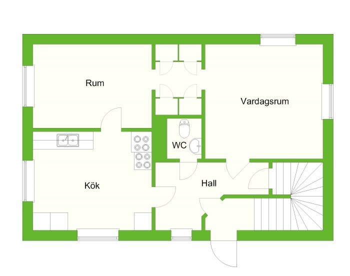 Enkel planritning av en våning i ett hus med etiketter för kök, rum, vardagsrum, WC och hall, omgiven av gröna linjer.