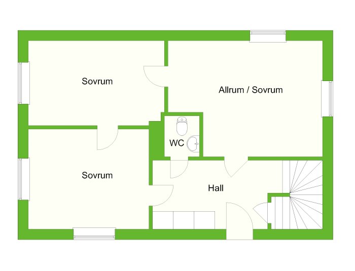 Planlösning av hus med indelning av sovrum, allrum, WC och hall markerade med text och spiraltrappa.