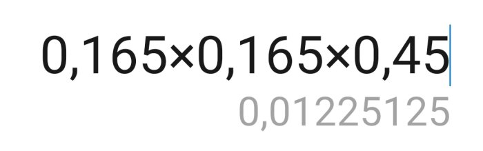 Skärmbild av en matematisk uträkning, med multiplikation av talen 0,165, 0,165 och 0,45, resultatet visas som 0,01225125.