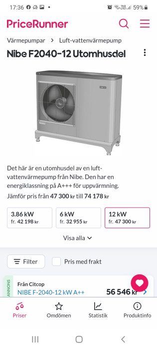 Nibe F2040-12 Utomhusdel luft-vattenvärmepump med energiklass A+++.