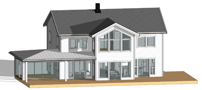 3D-ritning av ett tvåvåningshus med vit fasad, svart tak och uterum, ej inkluderat i offert.