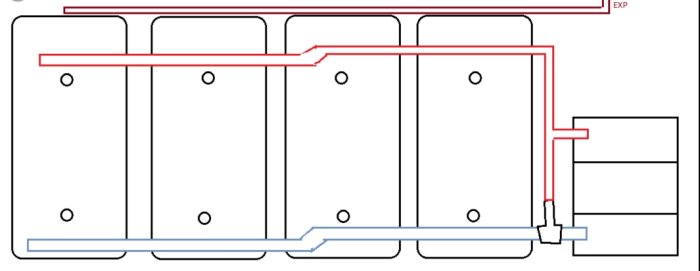 Schematisk bild av fyra kopplade ackumulatortankar med rörledningar och expansionskärl.