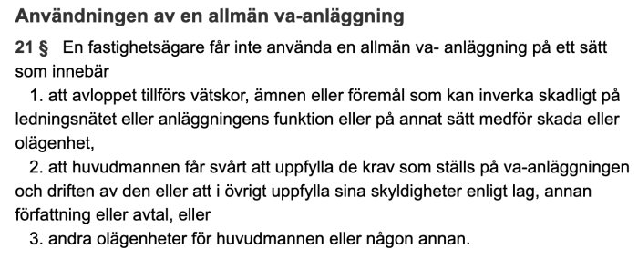 Text från lagstiftning om användning av allmän va-anläggning från paragraf 21 §.