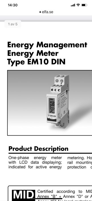 Enfasmätare för energihantering av typ EM10 DIN med LCD-display monterad på DIN-skena.