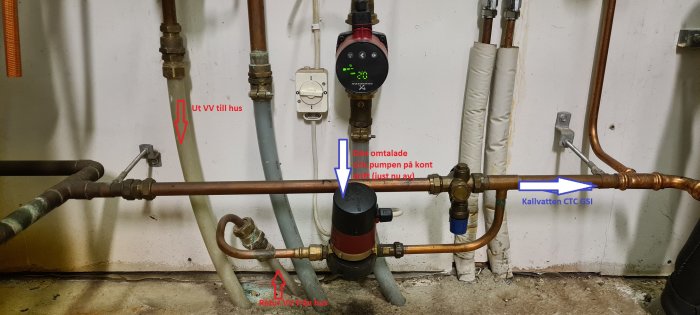 Värmesystem med pump, termostat och rör märkta för varmvatten och kallvatteninstallation.