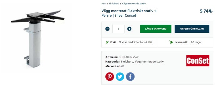 Elektriskt väggmonterat stativ i silver från ConSet med tillhörande skrivbordsplatta.