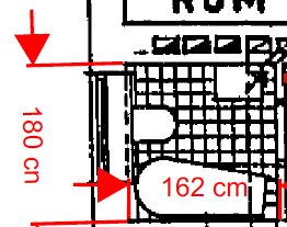 Skiss av en badrumslayout med måttangivelser, föreslagen disponering nära fönster.