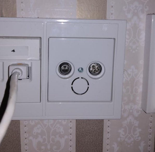 Vägguttag med en ansluten kabel till vänster och två koaxialportar till höger.