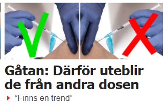 Två händer i blå handskar ger en vaccinspruta, grönt kryss och rött kryss illustrerar valet.