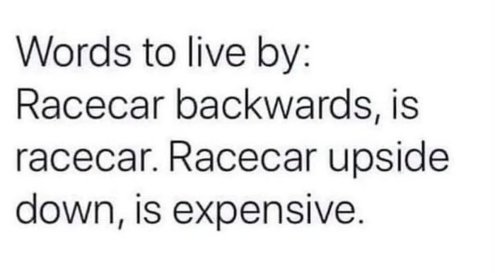 Text: "Words to live by: Racecar backwards, is racecar. Racecar upside down, is expensive.