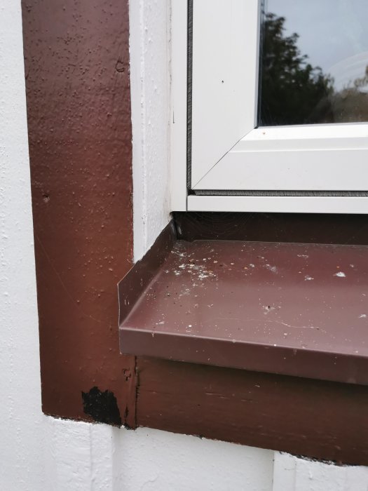 Närstudie av ett Mockfjärdsfönster med brun fönsterbleck och tecken på röta i fönstersmygen.