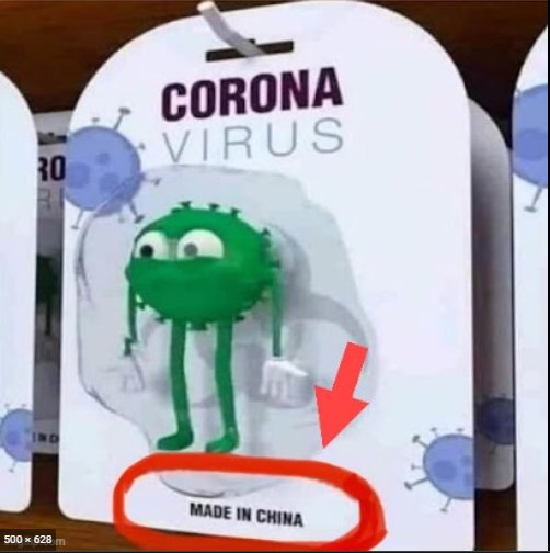 En förpackning med texten "CORONA VIRUS" och en figur, med en röd pil och ring som markerar "MADE IN CHINA".