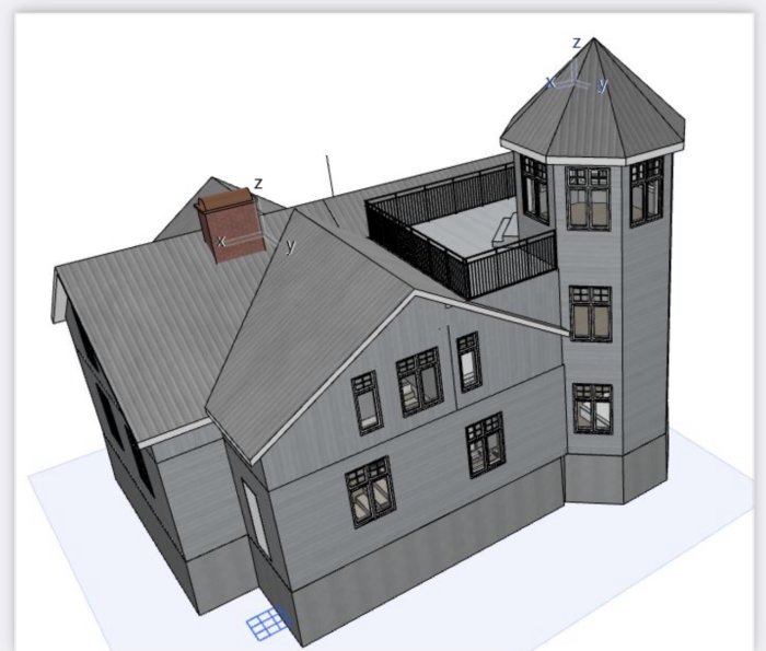 3D-ritning av ett sekelskifteshus med planerad tillbyggnad, torn och takterrass.