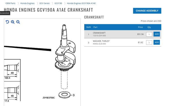 Sprängskiss av Honda GCV190A motorvevaxel med delnamn och priser, inkluderar skissad bricka nummer 3.