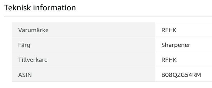 Teknisk informationstabell med varumärke RFHK, färg Sharpener, tillverkare RFHK och ASIN B08QZG54RM.