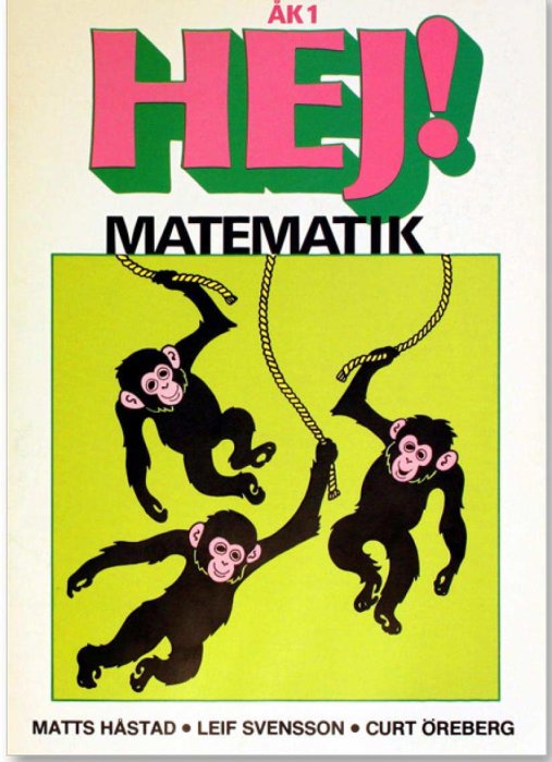 Omslagsbild på en matematiklärobok med tecknade apor som hänger i lianer, titeln "HEJ! MATEMATIK" och författarnamnen.