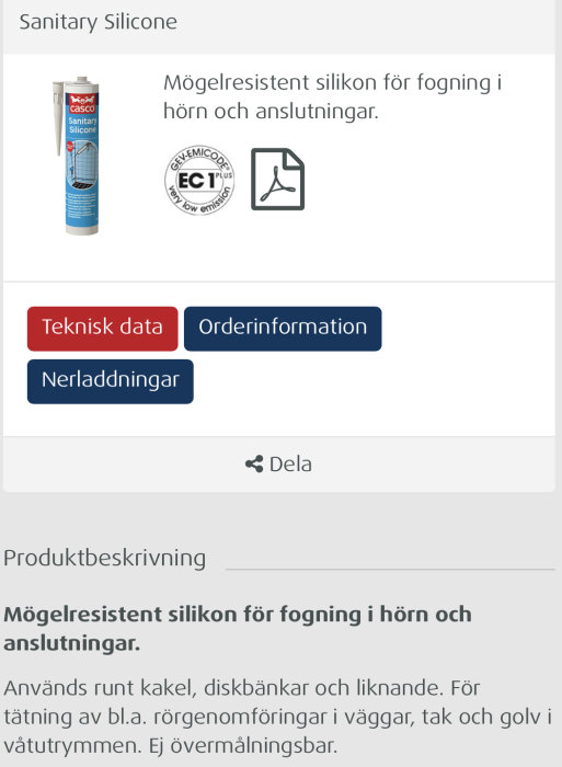 En tub Sanitary Silicone för mögelresistent fogning visas med information om produktens egenskaper och miljöcertifiering.
