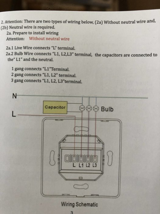 Schema för installation av omkopplare med beskrivning av ledningar till L, L1, L2, L3 terminaler utan neutral tråd.