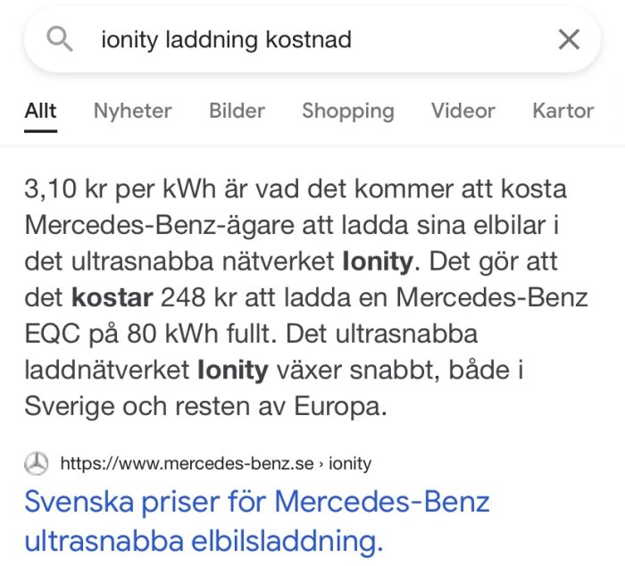 Skärmdump av en sökresultatsida med information om kostnaden för laddning på Ionitys nätverk.