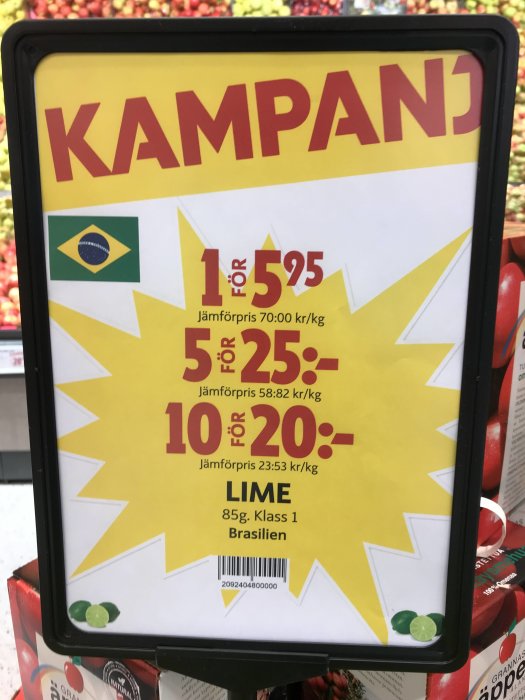 Skylt med kampanjerbjudande på lime från Brasilien i matbutik.