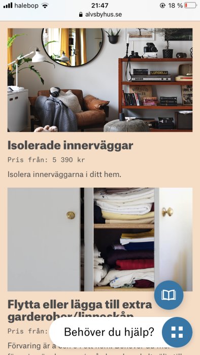 Inredning i hem med soffa, hylla, spegel och öppen garderob, reklam för isolerade innerväggar.