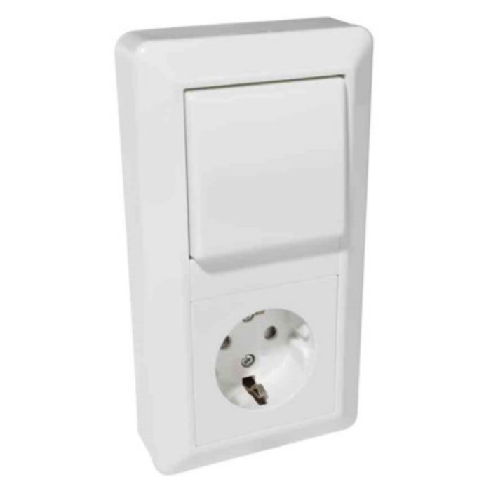 Vit väggmonterad eluttag med ram och strömbrytare ovanpå.