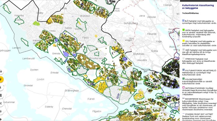 Karta över Stockholm med kulturhistorisk klassificering av byggnader, gulklassade och gröna områden markerade.
