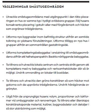 Textdokument med riktlinjer för småstugeområden om utvikling, bebyggelsestruktur, grönområden och materialval.