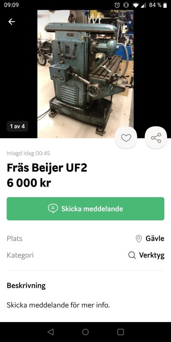 Fräs Beijer UF2 industriell maskin till salu i verkstadsomgivning.