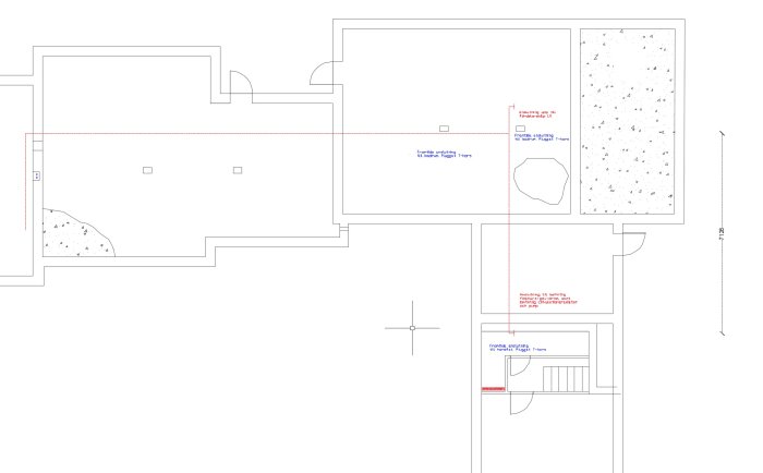 Ritning av enplanshus med markerade värmerör för självcirkulerande värmesystem.