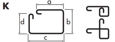 Schematisk ritning av K-byglar med måttmarkeringar a, b, c och d.