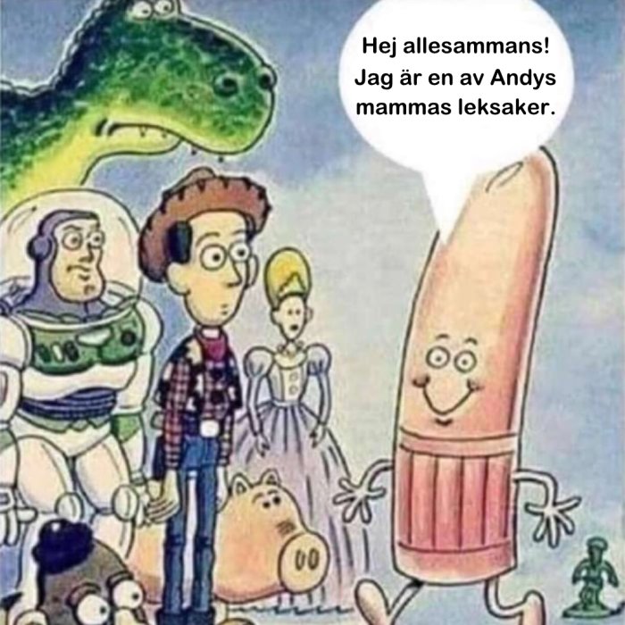 Tecknade figurer liknande de från Toy Story med en oväntad leksak som säger "Hej allesammans! Jag är en av Andys mammas leksaker.