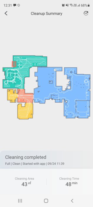 Skärmbild av en robotdammsugares rengöringssammanfattning med städade områden markerade i olika färger.