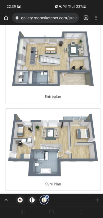 3D-planritning av husmodellen 'Sidus' från Fiskarhedenvilla med möblerat entréplan och övre plan.