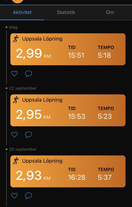 Skärmklipp från en träningsapp som visar detaljer för tre löppass i Uppsala med distans, tid och tempo.