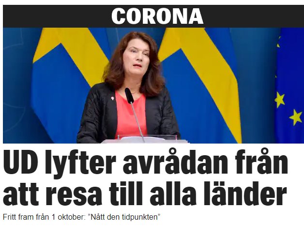 UD:s talesperson vid en presskonferens med texten "CORONA - UD lyfter avrådan från att resa till alla länder